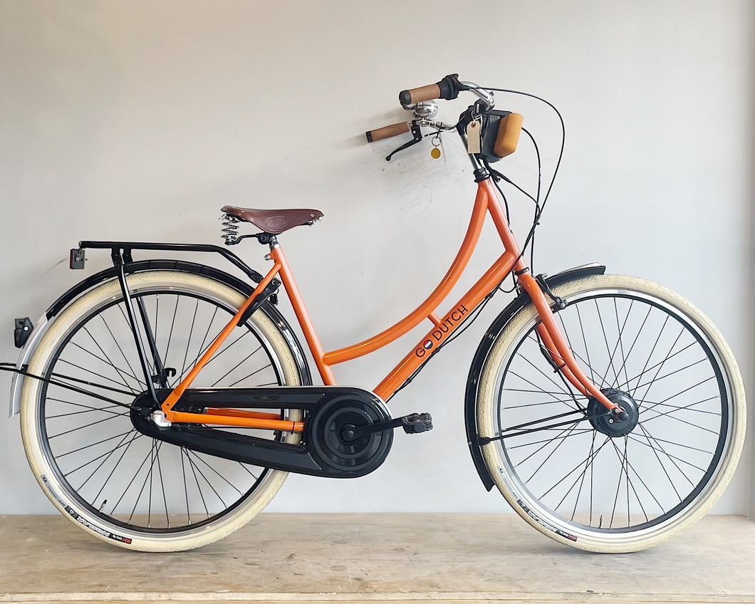 The Electrified Swytch Go Dutch Orange Oma - Step Through Style Dutch Bike - Small Medium- Orange